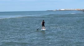 A man rows away standing on his surfboard near the coast of Lido di Ostia with calm sea and clear skies on a Sunday morning in Rome.