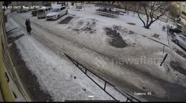 Woman injured by falling ice in Makhachkala, Dagestan, Russia