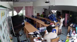 Pupil stacking chairs remove teacher's... causing her to fall when trying to sit down