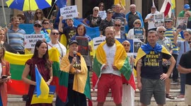 Lithuanian rower Aurimas Mockus attends rally in support of Ukraine in Sydney, Australia