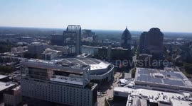 Drone flys over Golden One Center in Sacramento CA