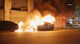 US, Los Angeles: Downtown Los Angeles Tesla Auto Fire