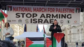 Irish speaker at the rally for Palestine, Freedom for Palestine, No to Ethnic Cleansing, Stop Arming Israel march in London, England