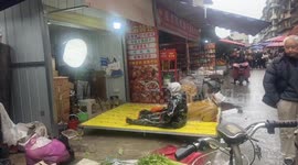 Vendors in mouse costumes promote sticky boards at market in Sichuan, China