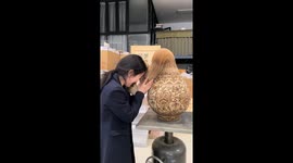 Museum visitor amazed by realistic-looking vase made entirely of paper