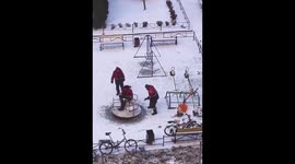 Utility workers enjoy carousel ride in Saint Petersburg, Russia