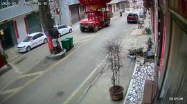 Truck wheel explodes knocking over wheelie bins like skittles