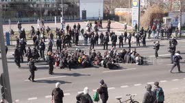 Antifascists block a neo-nazi protest march in Berlin, Germany, despite police attempts to clear the way