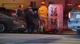 US, Los Angeles: Green Meadows Minivan Crashes Into Apartment After Collision