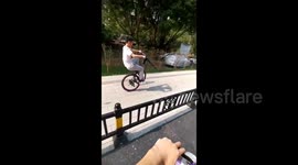 Hilarious moment boy's bike falls apart as he attempts wheelie