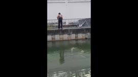 Shop assistant climbs into canal to rescue kitten with his foot