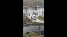 Man struggles to move stone ball blocking driveway in Zhejiang, China