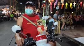 Pomeranian Dog on a Motorbike during Heatwave in Chiang Mai, Thailand