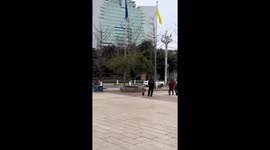Elderly man performs upside-down exercise on tree in Sichuan, China