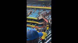 Violent clashes erupt at South African football match seeing fans dangle from stands