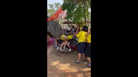 Playful elephant scares schoolchildren with its long trunk