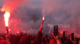 Fans receiving Atlético de Madrid bus at Metropolitano Stadium in Madrid to play against FC Barcelona at Copa del Rey semifinal
