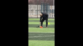 Magpie repeatedly knocks over cone during football training