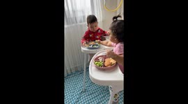 Twin takes sibling's food and adds it to her plate