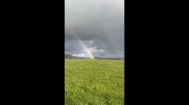 Deer frolic beneath double rainbow along California’s Mendocino coast
