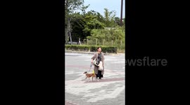 Elderly woman walks her dog by letting it run rings around her