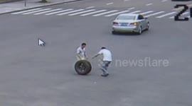 Tyre falls off jeep and rolls across motorway