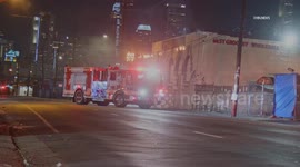 US, Los Angeles: Downtown Los Angeles Powerlines Catch Fire Following Crash