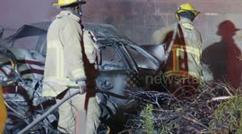 US, Los Angeles: East Los Angeles Possible Pursuit Vehicle Crashes And Burst Into Flames