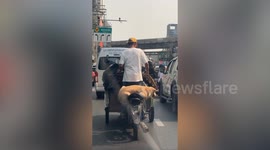 Pet dog chills on the back of motorcycle in busy traffic