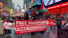 Demonstrators gather in Times Square to protest Mahmoud Khalil deportation ruling