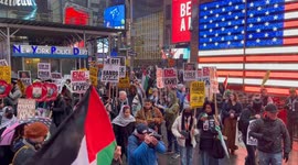 Demonstrators protest in Times Square following court’s ruling allowing for deportation of Mahmoud Khalil