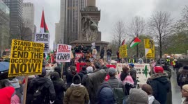 Demonstrators gather in Columbus Circle in support of pro-Palestinian activist Mahmoud Khalil