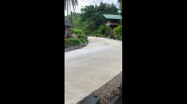 Downhill skateboarder crashes into rocks on sharp bend
