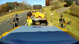 Highway worker leaps away from out-of-control truck in New York