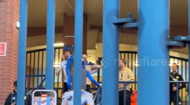 Leeds United fans celebrate with the football players at Elland Road as Leeds United secure promotion to the Premier League.