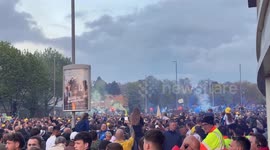 Leeds United fans celebrate at Elland Road as Leeds United secure promotion to the Premier League.