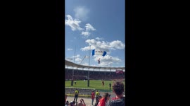 Fireman Rescue Parachutist Caught on Stadium During Rugby Game