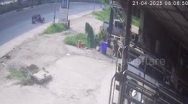 Truck tyre rolls into shop after motorcycle crash