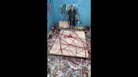 Amazing messy painting using gravity to create art in a unique way red paint on white canvas
