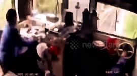 Cabin view of train crashing into a truck in Vietnam