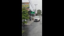 Huge monitor lizard appears in flood outside shops in Indonesia