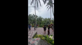 Tourist soar above a forest on giant swing in Bali