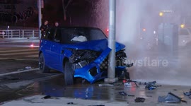 US, Los Angeles: Downtown Los Angeles Vehicle vs Fire Hydrant Hit And Run