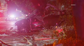 US, Los Angeles: Claremont Tesla Catches Fire After Crashing Into Tree At High Speeds 2 Fatalities Part 2