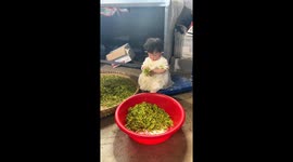 Child keeps scooping tea leaves despite attempts to stop her