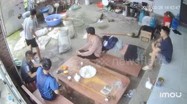 People sit on chairs talking, next to cobras being bagged at the Vietnamese snake village