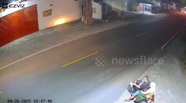 Loose wheel cleans out motorcycle rider and passengers