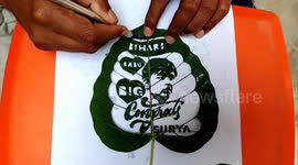 Sand Artist created a unique picture of cricketer Vaibhav on the world's smallest 3 cm green peepal leaf and wrote