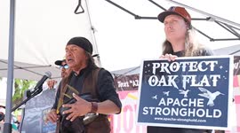 Apache Stronghold leader Dr. Wendsler Nosie does the land acknowledgment at the start of the May Day National Day of Action