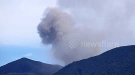 A view of Mount Marapi spewing columns of volcanic ash during an eruption in Tanah Datar District, West Sumatra, Indonesia on May 5, 2025. Since the first eruption on December 3, 2023, Mount Marapi has erupted 435 times and residents are prohibited from e